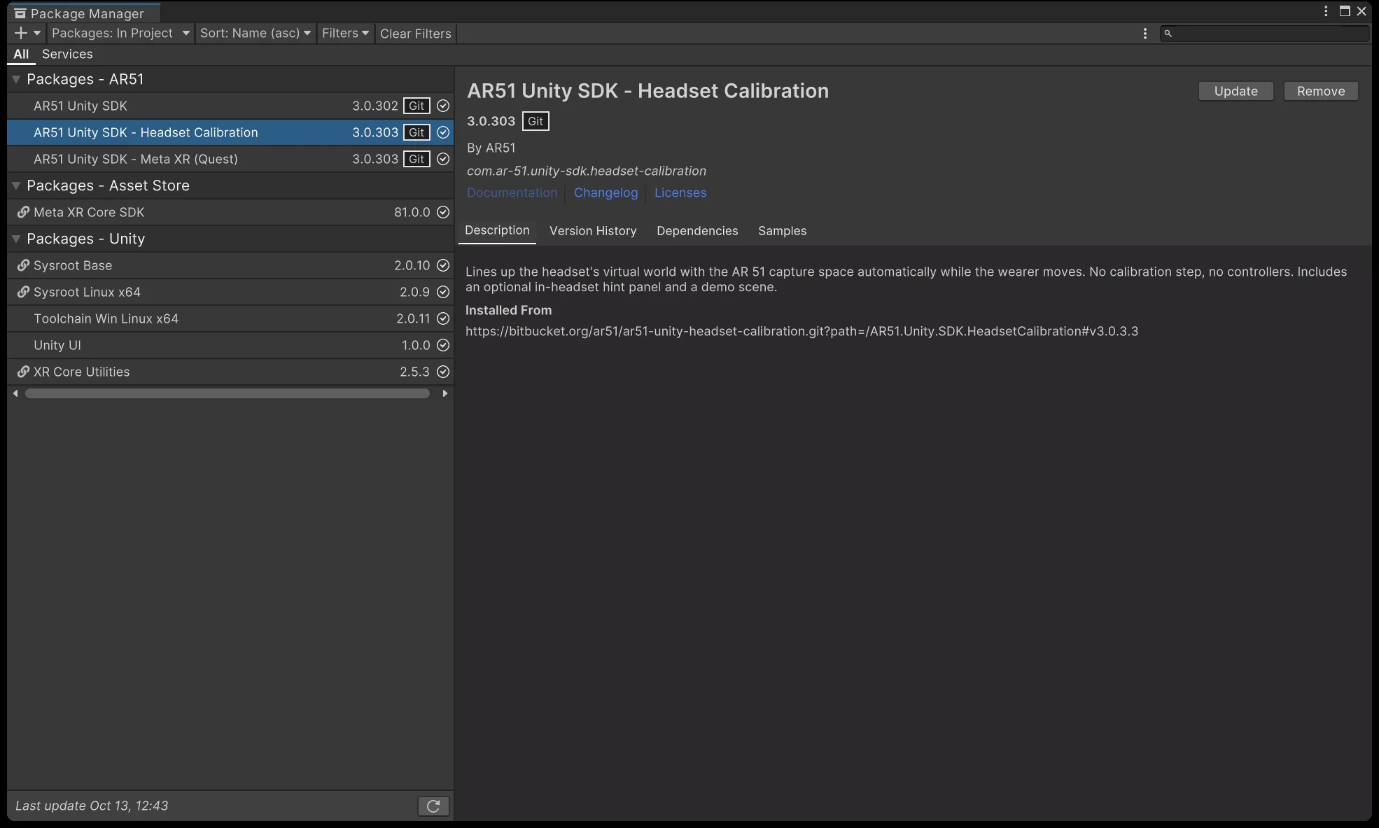 Unity Package Manager listing AR51 Unity SDK 3.0.302, AR51 Unity SDK - Headset Calibration 3.0.303 and AR51 Unity SDK - Meta XR (Quest) 3.0.303 from Git, with the Headset Calibration package selected and installed from the v3.0.3.3 git URL
