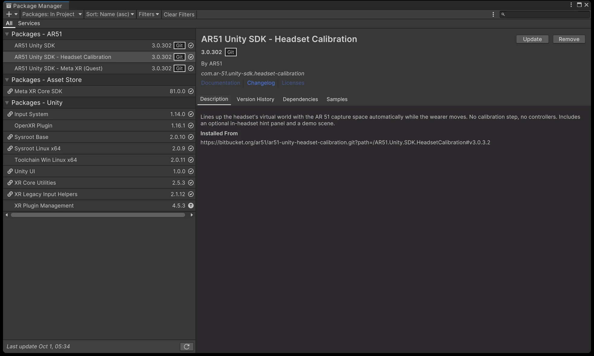 Unity Package Manager listing AR51 Unity SDK, AR51 Unity SDK - Headset Calibration and AR51 Unity SDK - Meta XR (Quest), all 3.0.302 from Git, with the Headset Calibration package selected