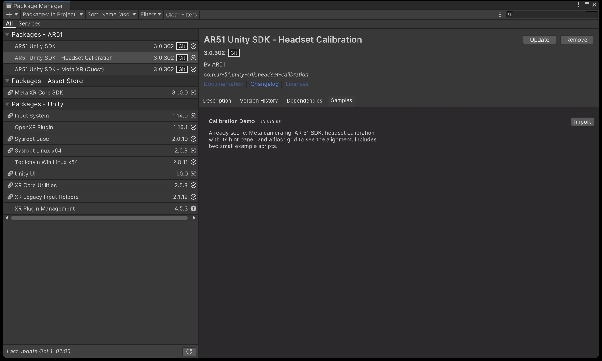 The Samples tab of AR51 Unity SDK - Headset Calibration in Unity Package Manager, with the Calibration Demo sample and its Import button