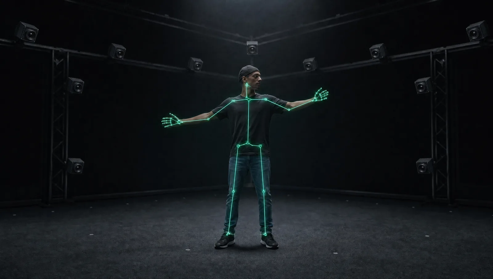 A performer tracked by the AR 51 camera array, skeleton overlaid in real time