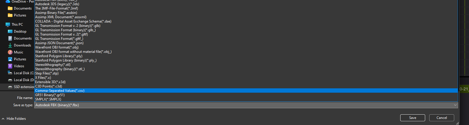 Export Dialog � CSV Format