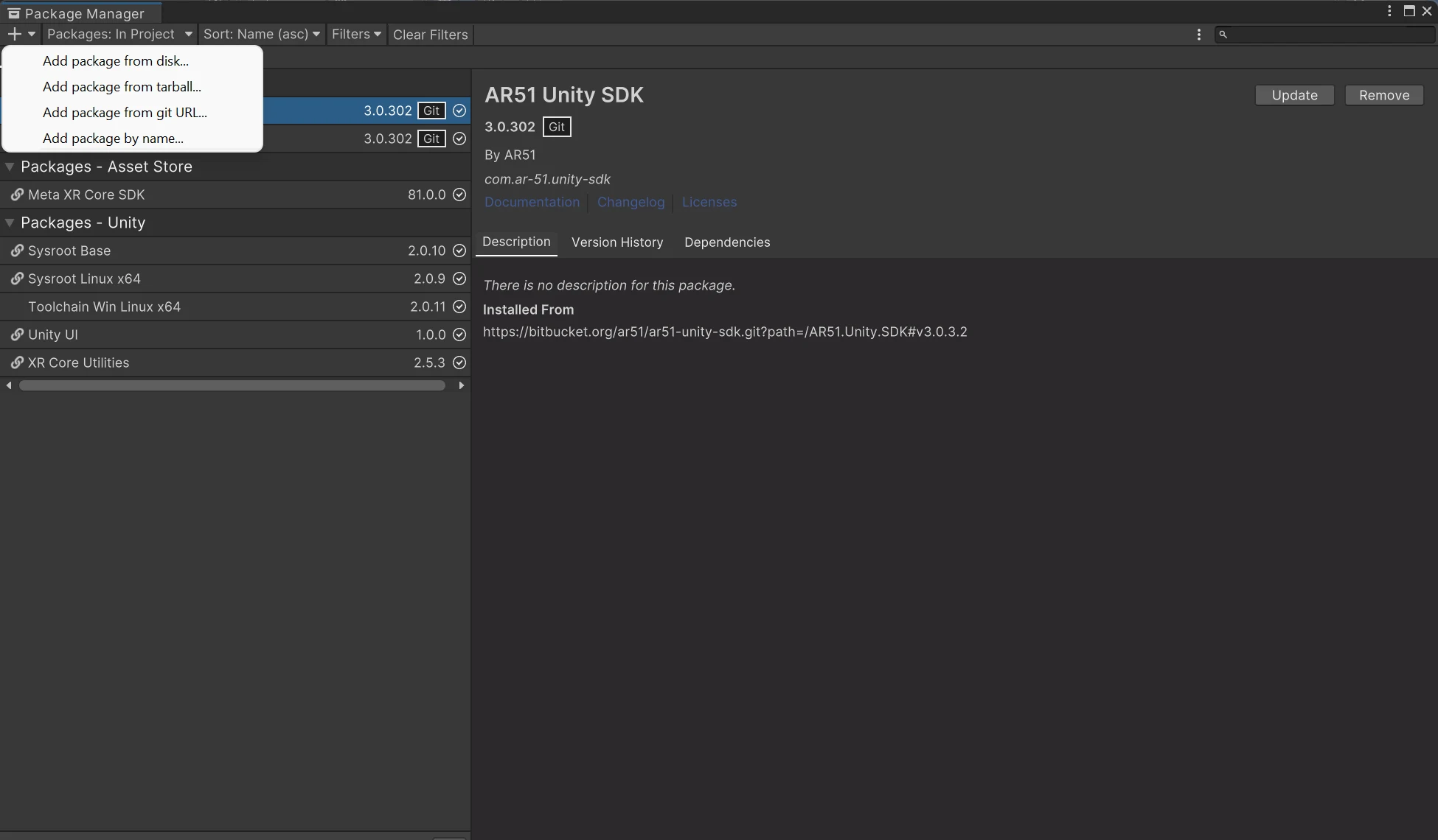 The + menu in Unity Package Manager with Add package from git URL selected