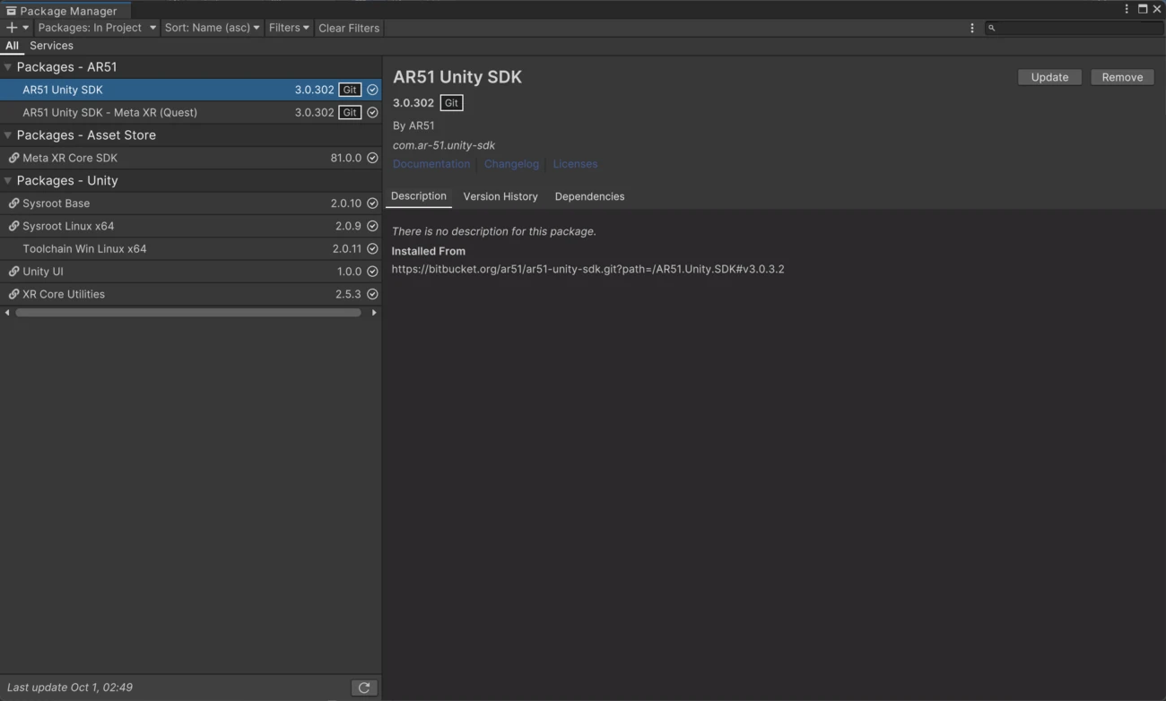 The AR 51 Unity SDK Core and the Meta Quest platform package installed via git URL in Unity's Package Manager, showing package version 3.0.302 and the source git URL