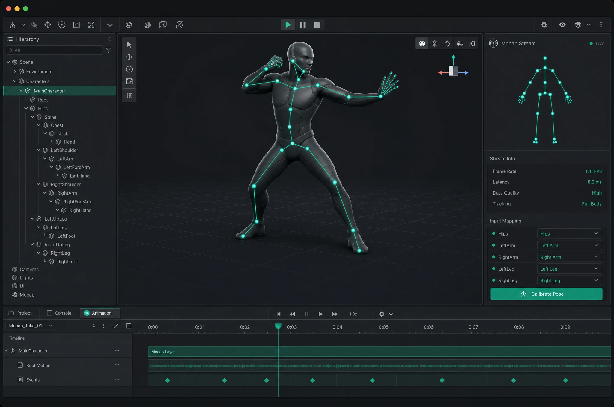An AR 51 motion-capture skeleton driving a 3D character live inside the Unity editor