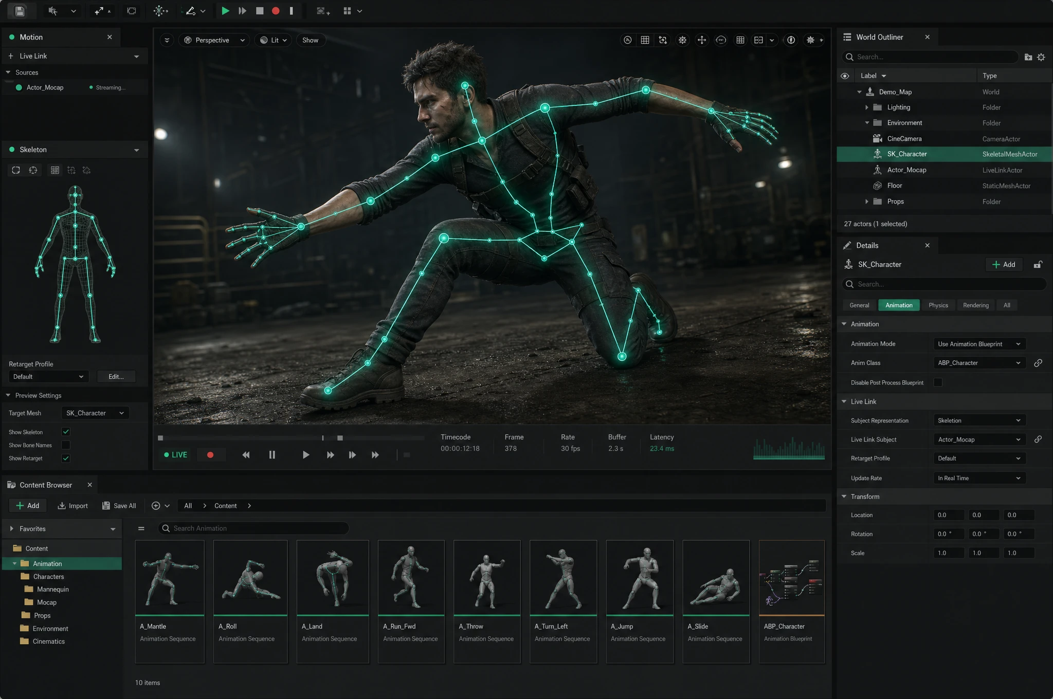 An AR 51 motion-capture skeleton driving a 3D character live inside the Unreal Engine editor