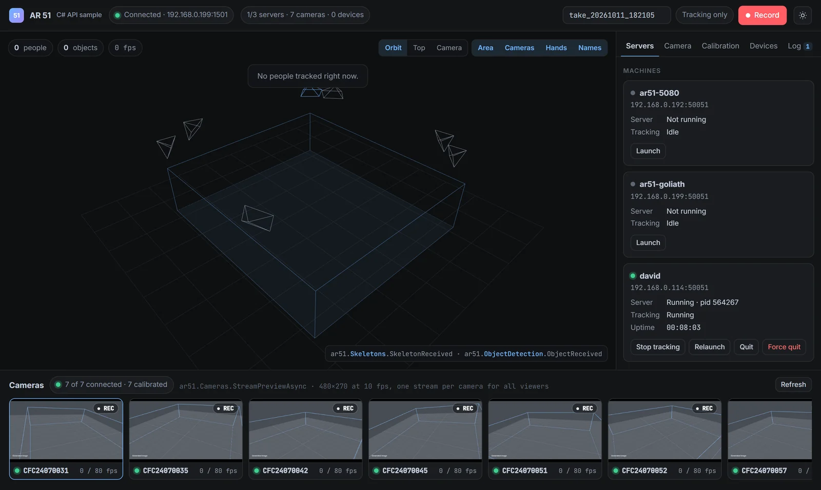 AR51.Net web dashboard sample: 3D view of the tracked area with the seven calibrated cameras, the Servers tab with each AR 51 machine's server and tracking state, and a strip of camera previews